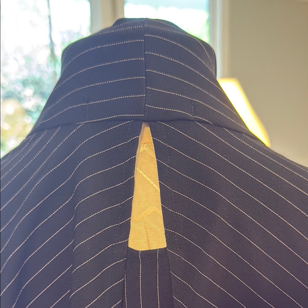 ELM Pinstriped Black Dress with Mandarin Collar and Bishop Sleeves - Picture 5 of 11